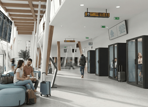 Waiting area in an airport equipped with Globb chairs and Qyos booths